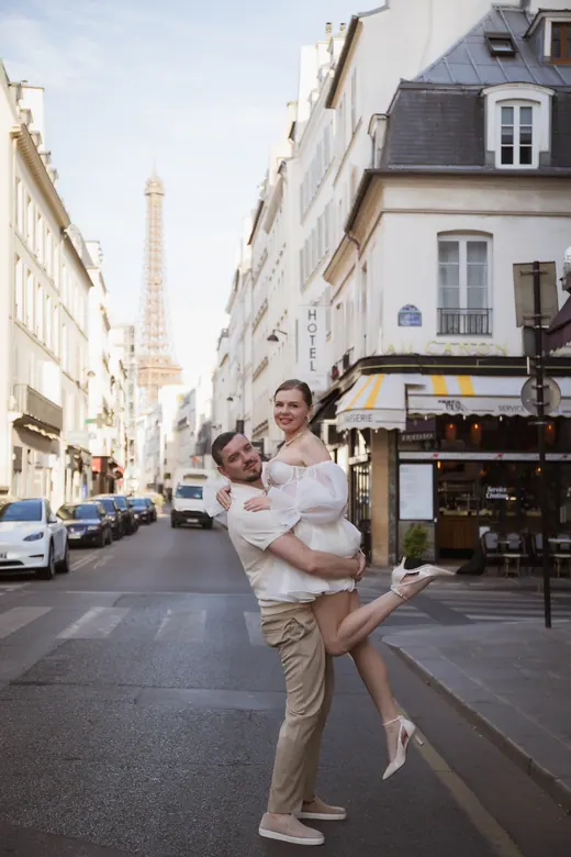 Photograph from the Couple — white dress, street session in Paris by Anna