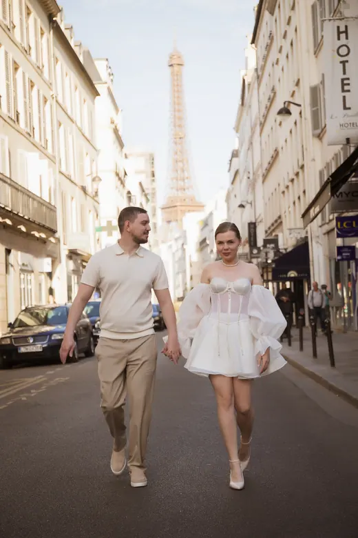 Photograph from the Couple — white dress, street session in Paris by Anna