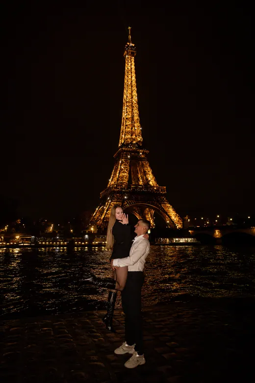Photograph from the Proposal — white bouquet at night session in Paris by Anna