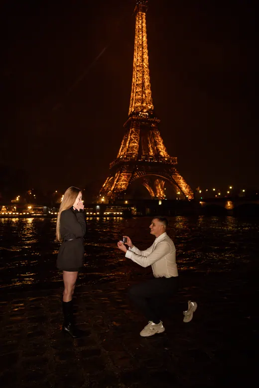 Photograph from the Proposal — white bouquet at night session in Paris by Anna