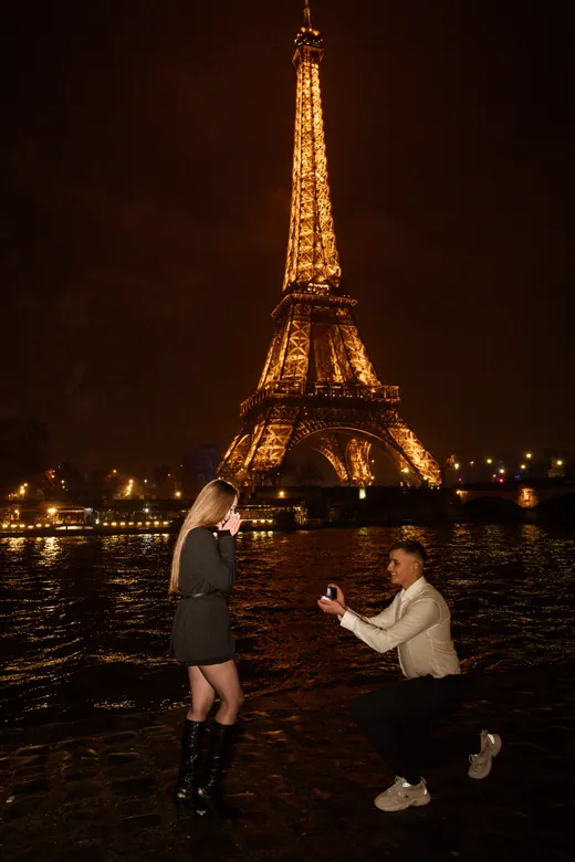 Photograph from the Proposal — white bouquet at night session in Paris by Anna