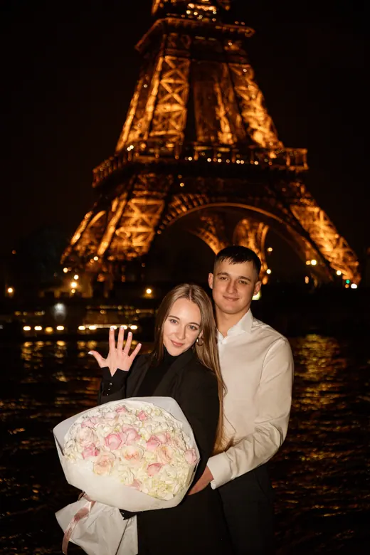 Photograph from the Proposal — white bouquet at night session in Paris by Anna