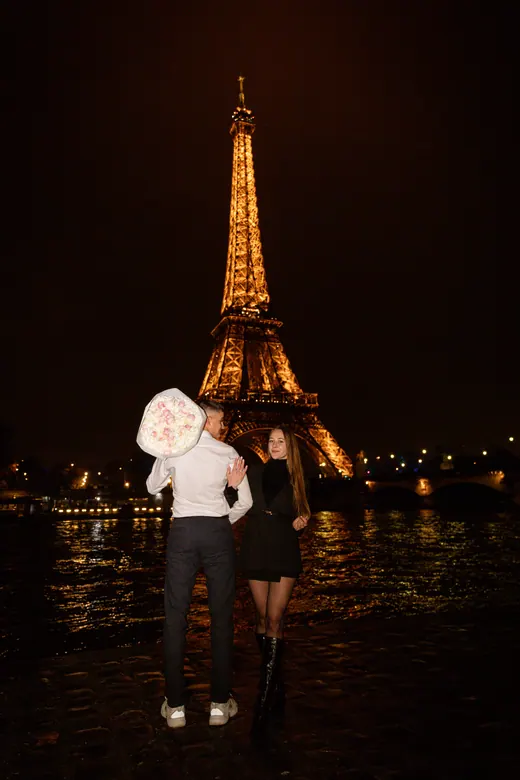 Photograph from the Proposal — white bouquet at night session in Paris by Anna